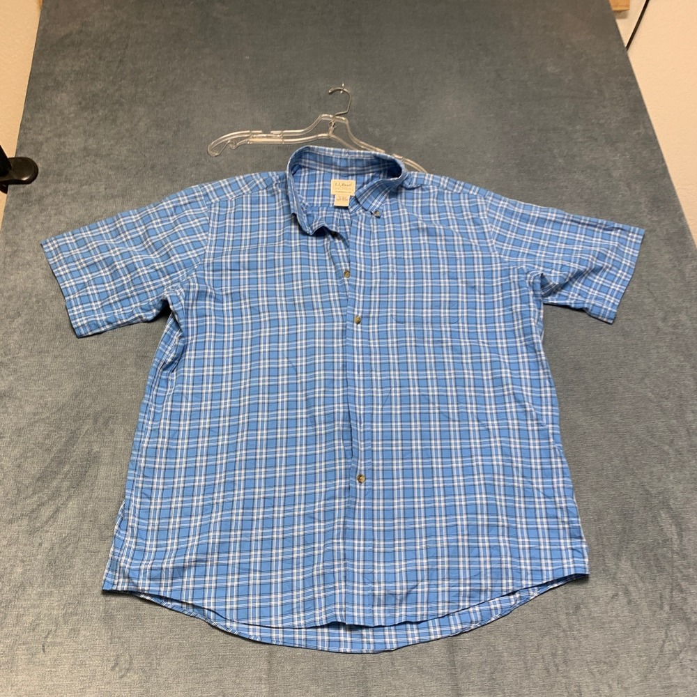 L.L. Bean Shirt Men XL Blue Beige Plaid Button-Down Short Sleeve Traditional Fit